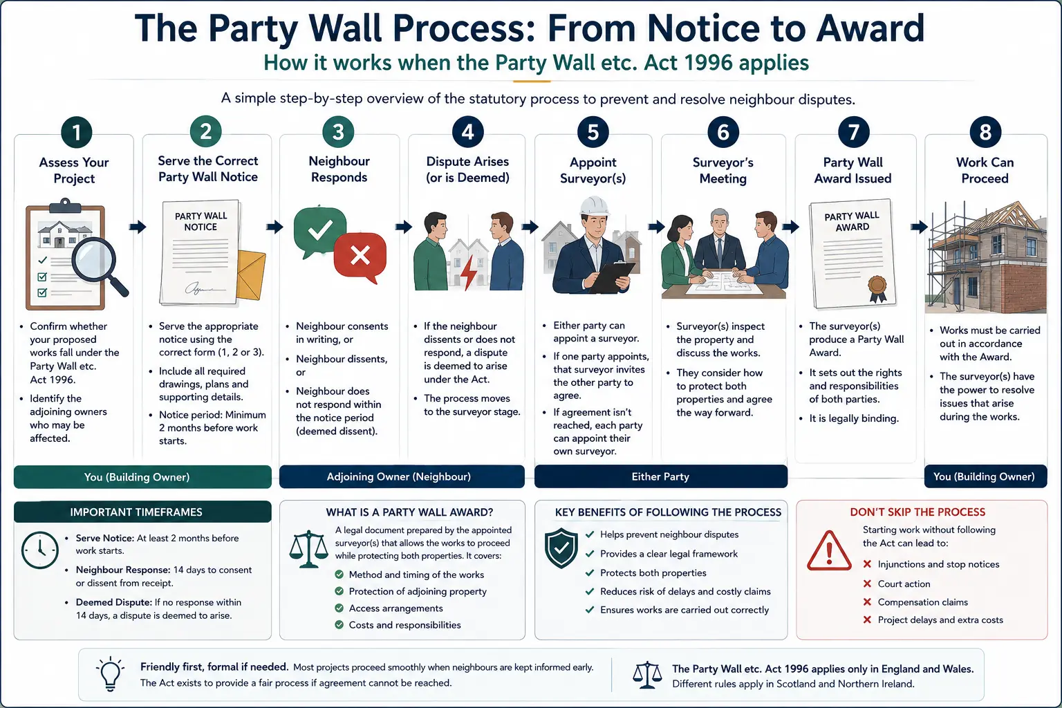 Do I Need a Party Wall Agreement? An infographic showing the party wall process from notice to award in a very interactive way for the citizens living in Cardiff, UK