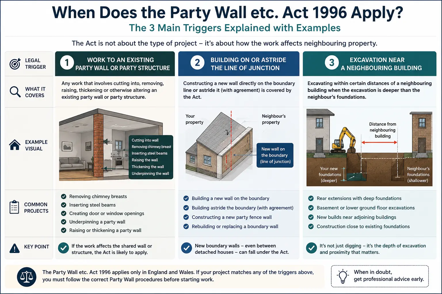 Do I Need a Party Wall Agreement? An infographic showing when does the party wall etc act 1996 apply like excavation, junction, painting, in Cardiff, UK